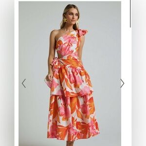 Floral Tiered One Shoulder Midi Dress
